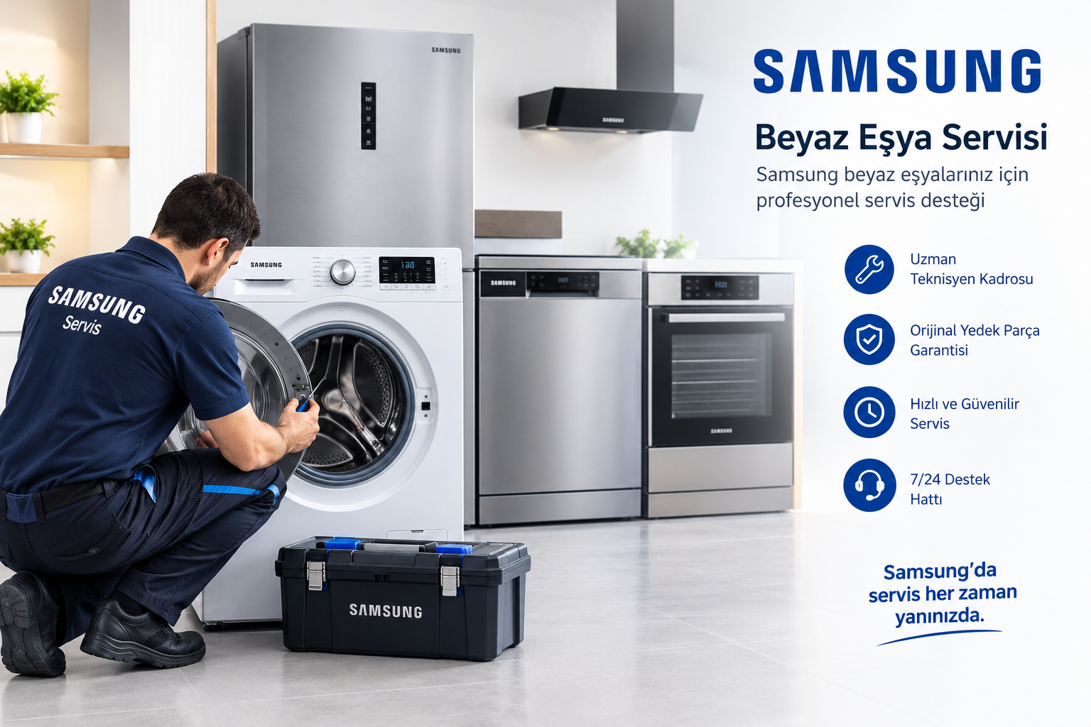 Samsung Beyaz Eşya Servisi Ankara — çamaşır makinesi, buzdolabı ve bulaşık makinesi servis afişi